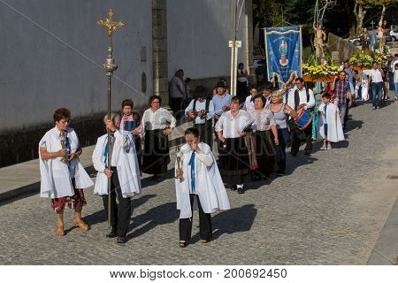 ABADIA, AMARES, PORTUGAL - August 15, 2017: Traditional religious procession of Senhora da Abadia in Amares, Portugal