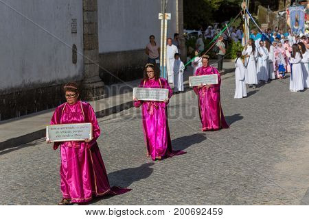 ABADIA, AMARES, PORTUGAL - August 15, 2017: Traditional religious procession of Senhora da Abadia in Amares, Portugal