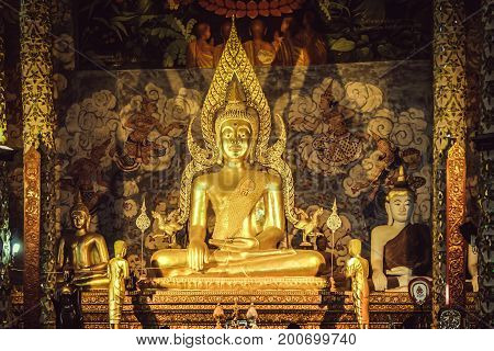 Ancient Buddha Image Statue Inside Wat Phra That Cho Hae Phrae Thailand.