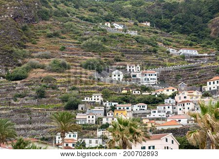 Fields and houses along west coast near Porto Moniz on Madeira Island. Portugal