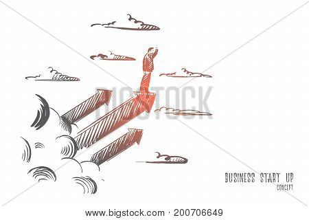 Business start up concept. Hand drawn man going to start new business. Male person looking for new ideas for enterprise isolated vector illustration.