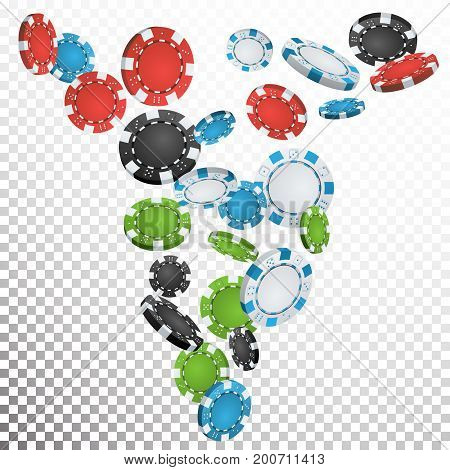 Falling Casino Chips Vector. Flying Realistic Gambling Poker Chips Explosion. Transparent Background. Casino Prize Money Fortune Flow Jackpot.