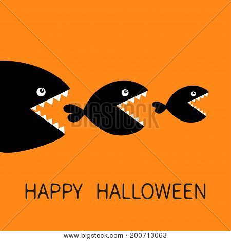 Happy Halloween. Fish monster eating each other. Three fishes. Food chain. Black color silhouette. Cute cartoon character set. Baby kids collection.Orange background. Isolated. Flat design Vector