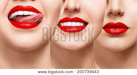 Woman with red lips and healthy smile. Collage of beautiful female lips. Healthy smile concept.