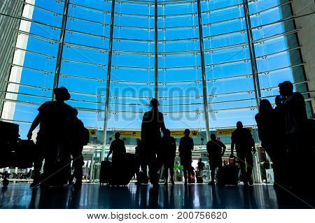 Beautiful Indoor Daytime Shot Of Lisbon Airport Front Window On Bright Summer Day August 2017