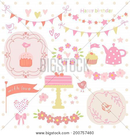 Set of elements for birthday party, greeting cards and scrapbooking. Cake, cupcake, kettle, bird, garland. Vector illustration