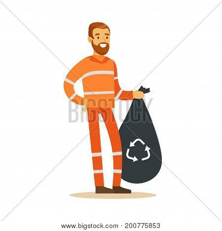 Street cleaner man in a orange uniform holding black bag with garbage, waste recycling and utilization concept vector Illustration on a white background