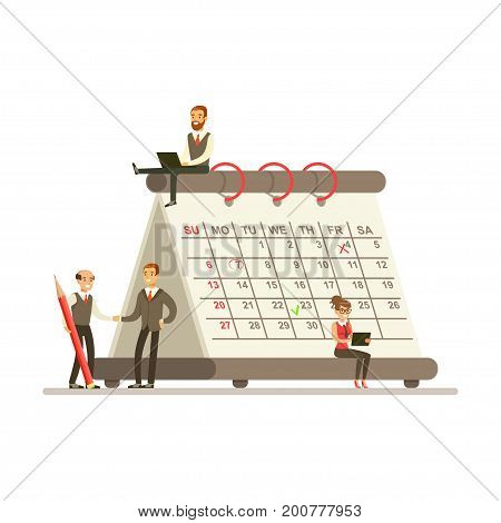 Micro young busineswomen and businesmen sitting on a giant paper calendar, business team working together planning and scheduling their operations vector Illustration on a white background