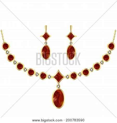 Amber jewel set. Necklace and earrings ornate with amber gemstone diamonds or zircons and gold. Vector illustration object isolated on white background