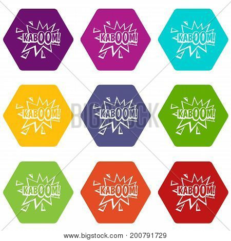 Kaboom, explosion icon set many color hexahedron isolated on white vector illustration