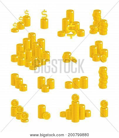 Slides gold dollars isolated cartoon set. A lot of slides and piles of gold dollars and dollar signs for designers and illustrators. Gold stacks of pieces in the form of a vector illustration