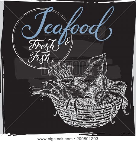 Seafood template with calligraphy on black backrgound. Includes seafood basket sketch with octopus, crab, shrimp and squid. Great for markets, grocery stores, fishing and food label design.