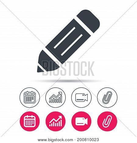 Edit icon. Pencil for drawing symbol. Statistics chart, calendar and video camera signs. Attachment clip web icons. Vector