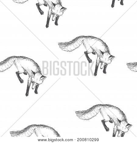 Vector seamless pattern with cute animal character. Hand drawn illustration with fox isolated on white. Black and white texture
