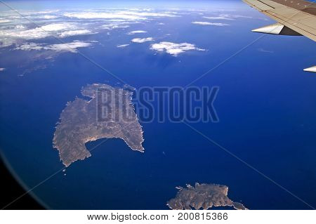 Islands in the Mediterranean Sea near the coast of Italy view from the plane