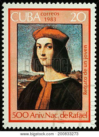 Moscow Russia - August 21 2017: A stamp printed in Cuba shows portrait of Pietro Bembo by Raphael (1483-1520) series 
