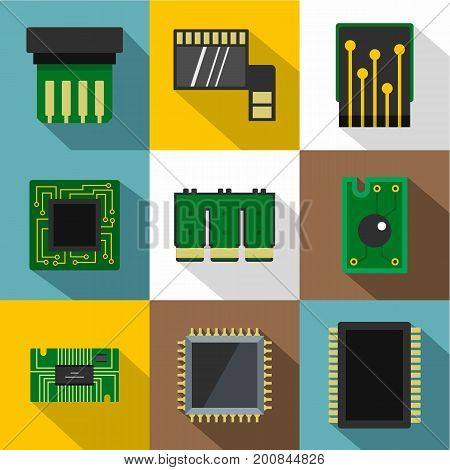 Different chip icons set. Flat set of 9 different chip vector icons for web with long shadow