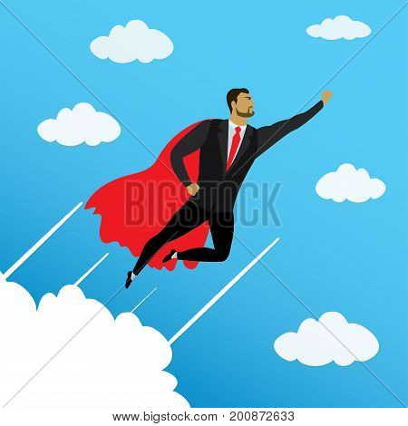 Businessman Looking Like Super Hero Flying To Success In Sky