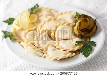 Frozen Dumplings On The White Plate With Green