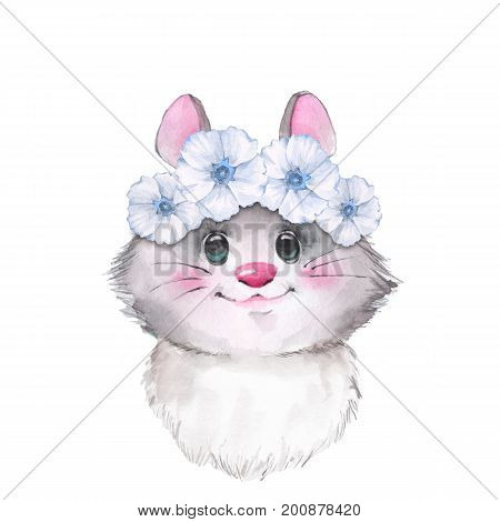 Mouse in wreath, cute watercolor illustration 2