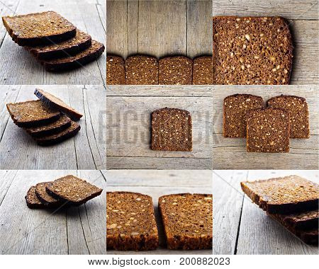 Set of brown bread. Slices of whole grain brown bread on wooden table.