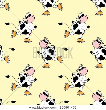 Cute Smile Cow On Roller Seamless Pattern,
