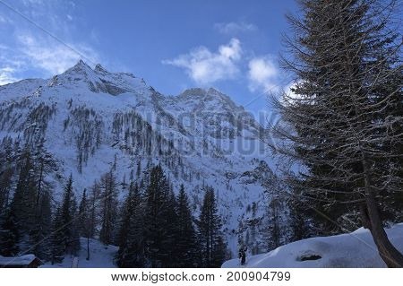 winter morning in formazza valley in italy