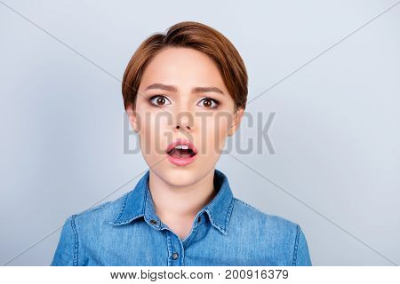 Close Up Photo Of Amazed Woman With Opened Mouth Isolated On Gray Background