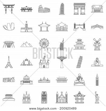 Famous place icons set. Outline style of 36 famous place vector icons for web isolated on white background