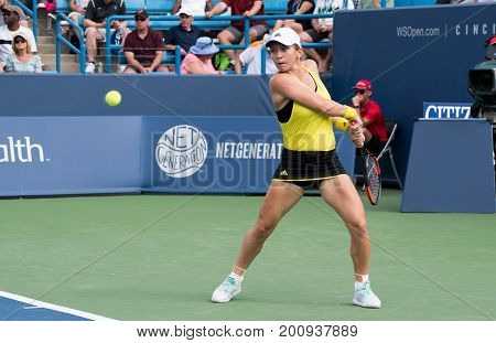 Mason Ohio - August 15 2017: Simona Halep in a second round match at the Western and Southern Open tennis tournament in Mason Ohio on August 15 2017.
