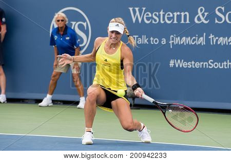 Mason Ohio - August 16 2017: Angelique Kerber in a second round match at the Western and Southern Open tennis tournament in Mason Ohio on August 16 2017.
