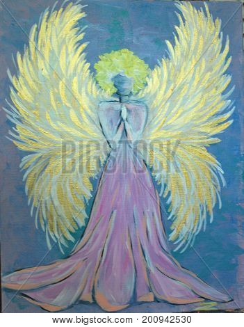 Acrylic Painting on Canvas of Golden Winged Angel Praying on Blue Background