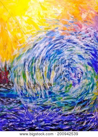 Acrylic Painting on Canvas of Abstract Ocean Wave in Yellows, Blues, Turquoise