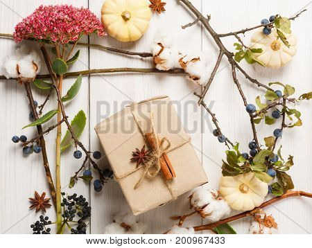 Autumn composition background. Dried fall flowers, pumpkins, branches and autumn leaves, cotton, clove and sloe framing gift box wrapped in craft paper. Top view on white wood, flat lay, copy space