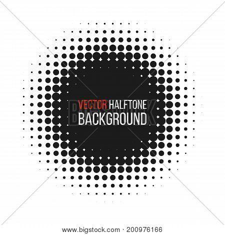 Halftone dotted vector abstract background, dot pattern in circle shape. Black comic banner isolated white backdrop. Trendy design element for round label or logo.