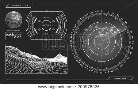 Military green radar. Screen with target. Futuristic HUD interface. Stock vector illustration.
