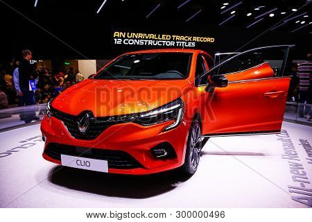 Geneva, Switzerland - March 10, 2019: Orange City Hatchback Renault Clio Presented At The Annual Gen