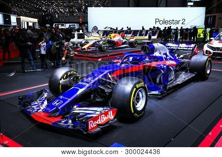 Geneva, Switzerland - March 10, 2019: Toro Rosso Formula 1 Car Presented At The Annual Geneva Intern