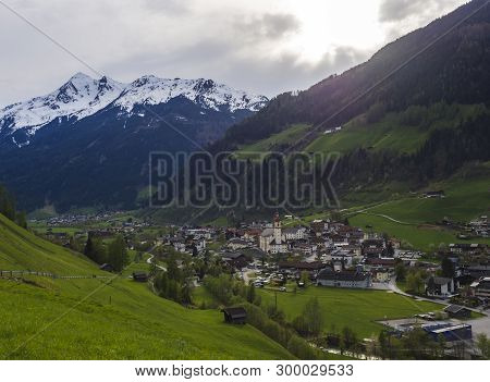 Idyllic Spring Mountain Rural Landscape. View Over Stubaital Or Stubai Valley Near Innsbruck, Austri