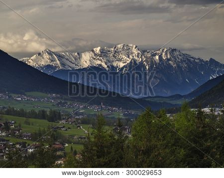 Spring Mountain Rural Landscape. View Over Stubaital Stubai Valley Near Innsbruck, Austria With Vill