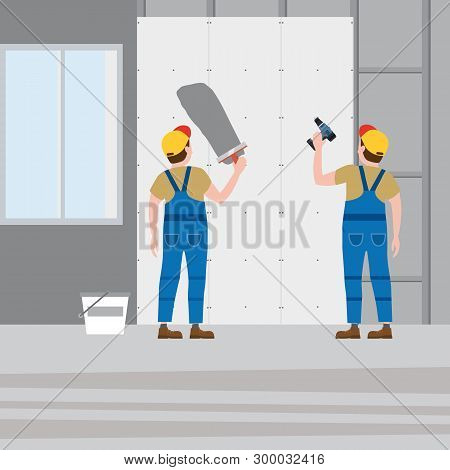 Workers Put Plaster, Installing Gypsum Plasterboard Panels In The Interior. Vector Illustration, Iso