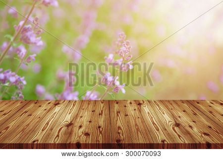 Emtry Wooden Table On Top Over Blur Natural Background, Can Be Used Mock Up For Montage Products Dis