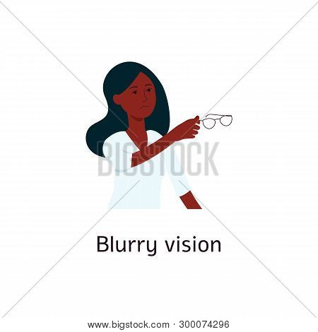Woman With Blurred Vision Holding Glasses Cartoon Style