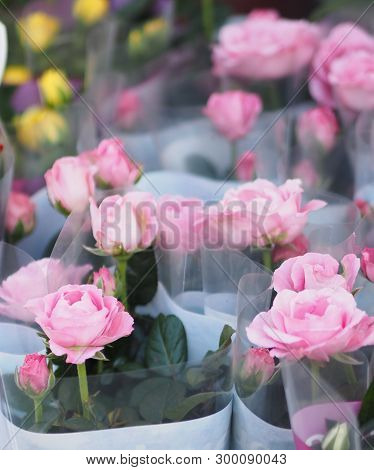 Pink Rose Bouquet Front And Yellow Rose Blurred Of Background