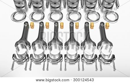 3d Rendering. Crankshaft For 6v Cylinders Engine. Truck Crankshaft On Grey Background. Engine Bearin