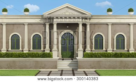 Facade With Neoclassical Villa With Luxury Garden Garden - 3d Rendering