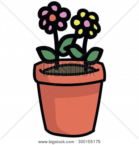 Cute Terracota Pot With Flowers Cartoon Vector Illustration Motif Set.