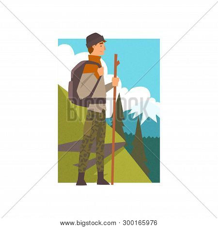 Man Hiking In Mountains With Backpack And Staff, Outdoor Activity, Travel, Camping, Backpacking Trip