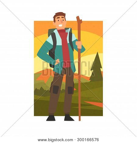 Smiling Man Hiking In Mountains With Backpack And Staff, Outdoor Activity, Travel, Camping, Backpack