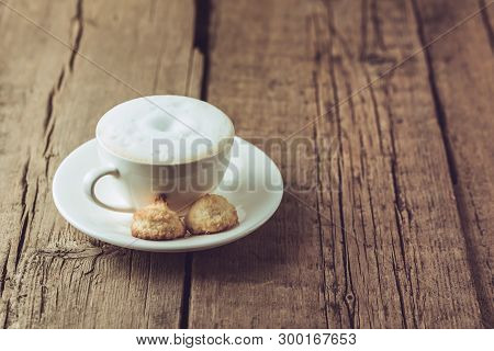 Cup Of Coffee And Homemade Coconut Cookies On Old Wooden Background Horizontal Copy Space Tasty Coco